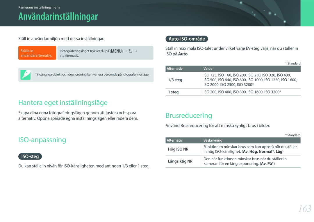 Samsung EV-NX30ZZBGBSE manual Användarinställningar, 163, Hantera eget inställningsläge, ISO-anpassning, Brusreducering 