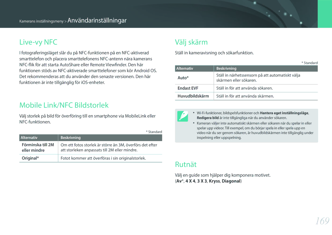 Samsung EV-NX30ZZBGBSE, EV-NX30ZZBGBDK manual 169, Live-vy NFC, Mobile Link/NFC Bildstorlek, Välj skärm, Rutnät 