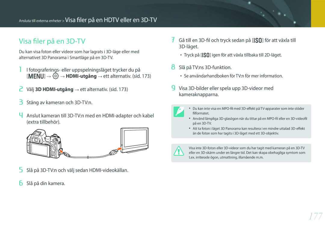 Samsung EV-NX30ZZBGBSE, EV-NX30ZZBGBDK manual 177, Visa filer på en 3D-TV, Slå på TVns 3D-funktion 