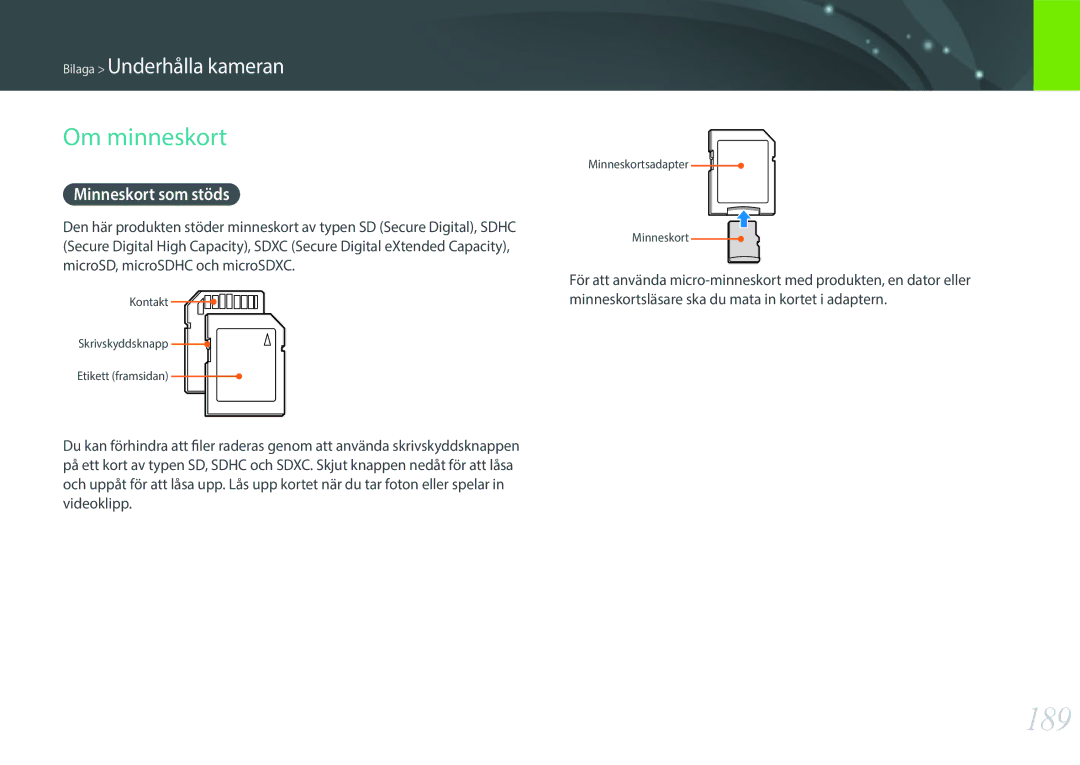 Samsung EV-NX30ZZBGBSE, EV-NX30ZZBGBDK manual 189, Om minneskort, Minneskort som stöds 