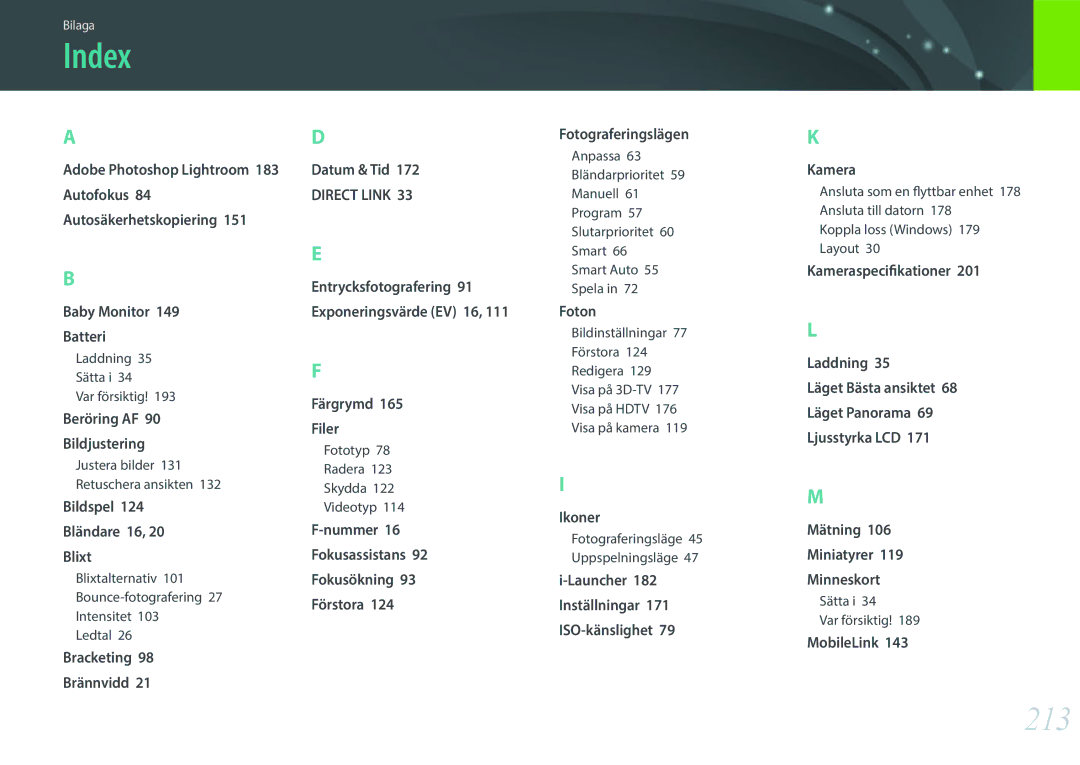 Samsung EV-NX30ZZBGBSE, EV-NX30ZZBGBDK manual Index, 213, Adobe Photoshop Lightroom 