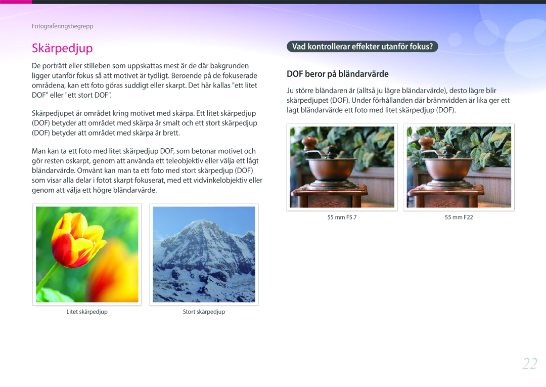 Samsung EV-NX30ZZBGBDK, EV-NX30ZZBGBSE manual DOF beror på bländarvärde, Vad kontrollerar effekter utanför fokus? 
