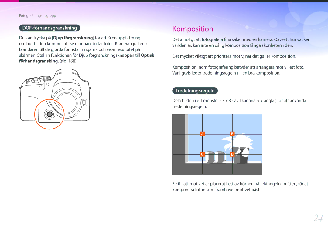 Samsung EV-NX30ZZBGBDK, EV-NX30ZZBGBSE manual DOF-förhandsgranskning, Tredelningsregeln 