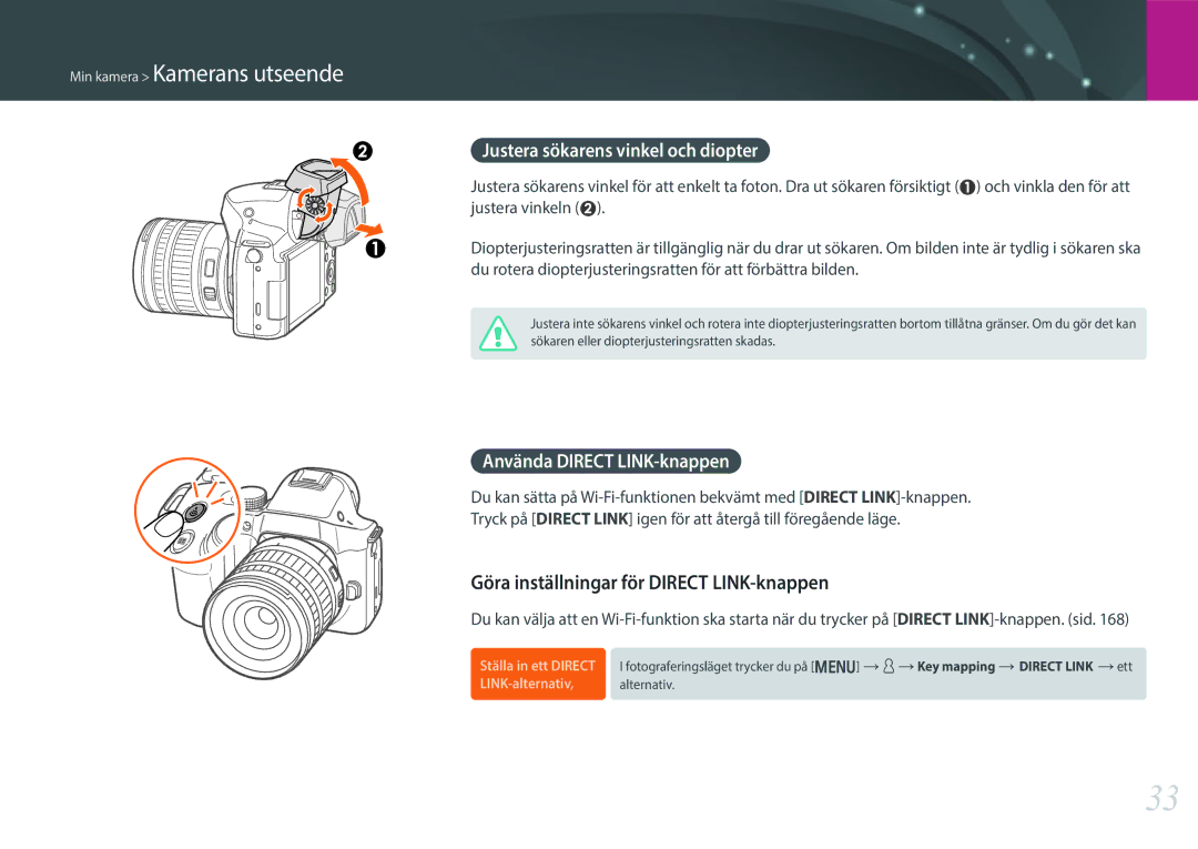 Samsung EV-NX30ZZBGBSE, EV-NX30ZZBGBDK Göra inställningar för Direct LINK-knappen, Justera sökarens vinkel och diopter 