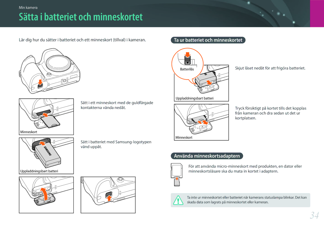 Samsung EV-NX30ZZBGBDK, EV-NX30ZZBGBSE manual Ta ur batteriet och minneskortet, Använda minneskortsadaptern 