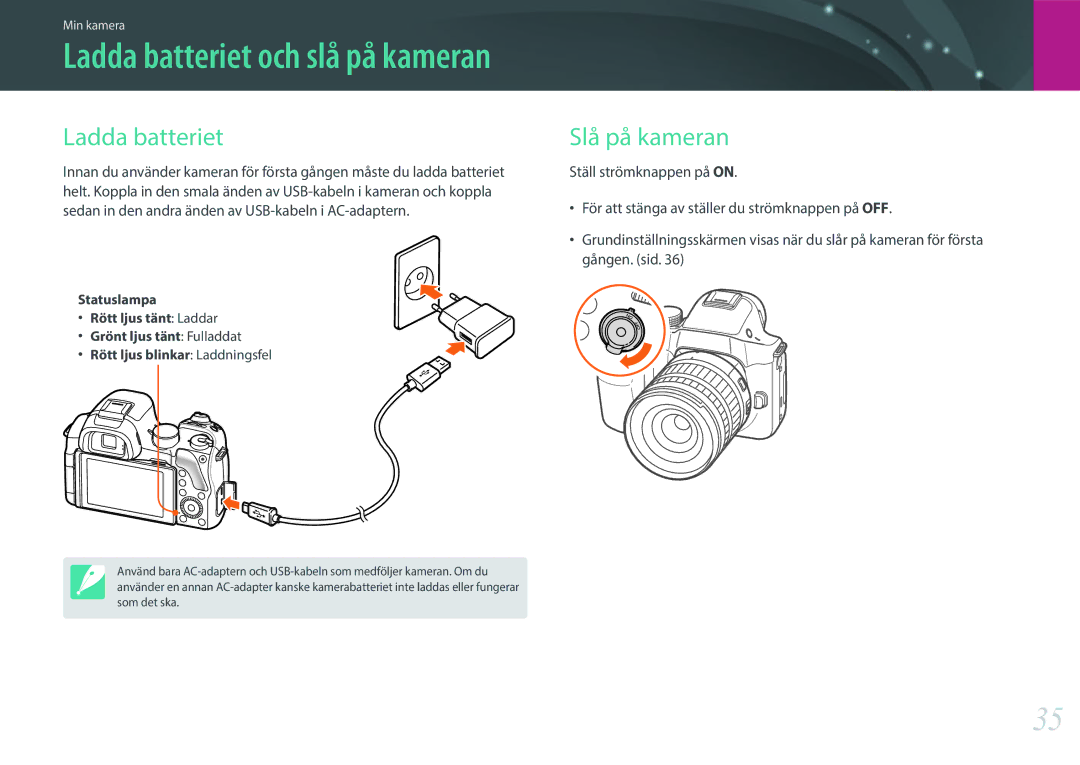 Samsung EV-NX30ZZBGBSE, EV-NX30ZZBGBDK manual Ladda batteriet, Slå på kameran 