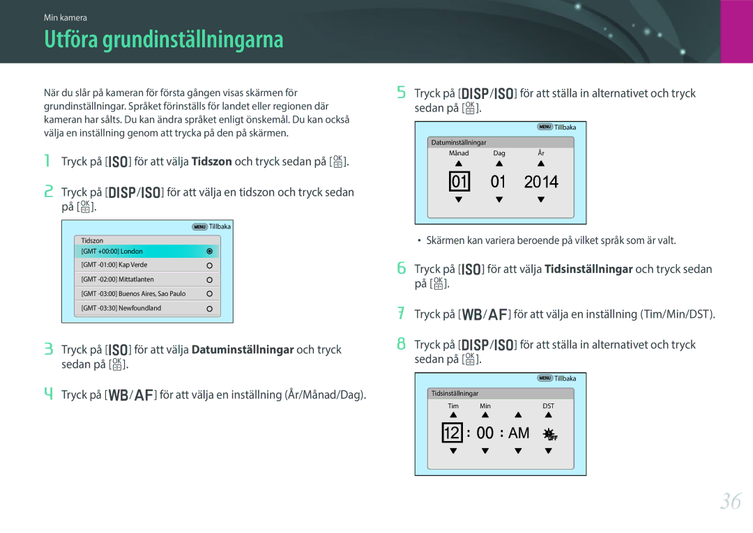 Samsung EV-NX30ZZBGBDK, EV-NX30ZZBGBSE manual Utföra grundinställningarna 