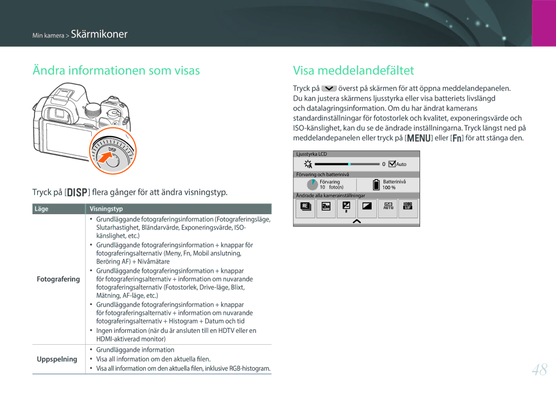 Samsung EV-NX30ZZBGBDK, EV-NX30ZZBGBSE manual Ändra informationen som visas, Visa meddelandefältet, Uppspelning 