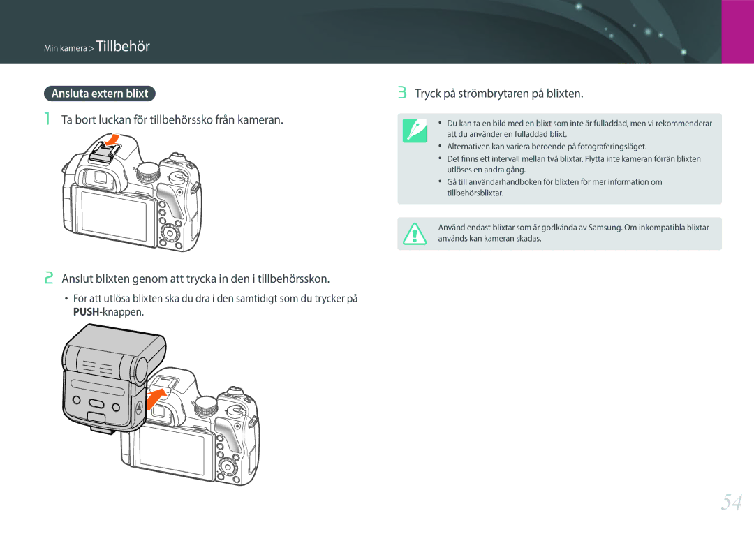 Samsung EV-NX30ZZBGBDK, EV-NX30ZZBGBSE manual Ansluta extern blixt, Tryck på strömbrytaren på blixten 