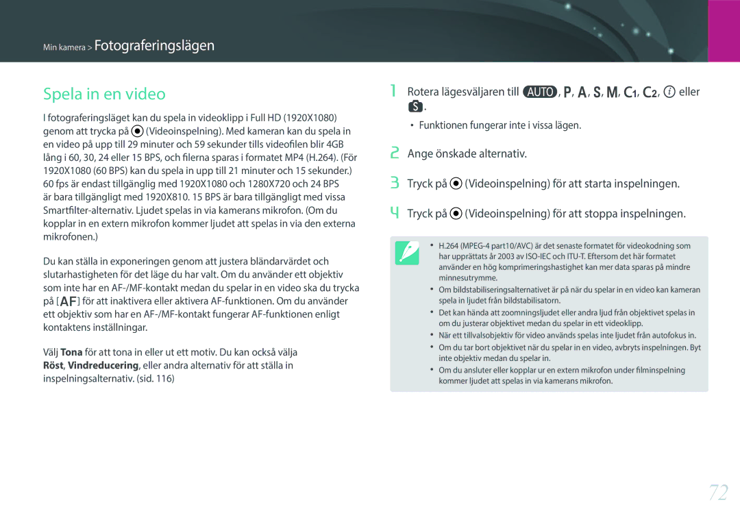 Samsung EV-NX30ZZBGBDK, EV-NX30ZZBGBSE manual Spela in en video, Rotera lägesväljaren till t, P, A, S, M, T, U, ieller s 