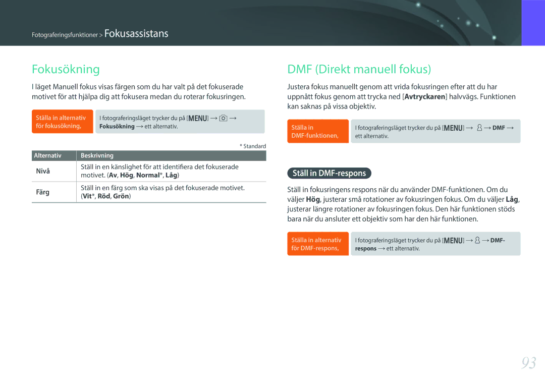 Samsung EV-NX30ZZBGBSE, EV-NX30ZZBGBDK manual Fokusökning, DMF Direkt manuell fokus, Ställ in DMF-respons 