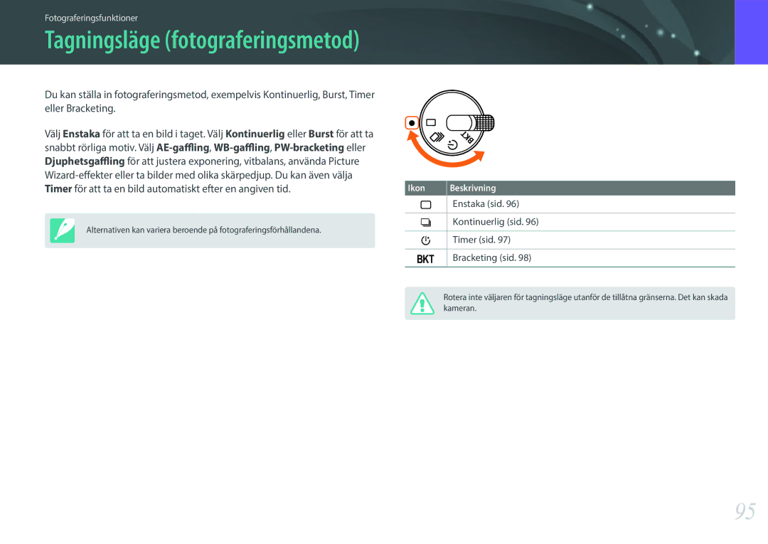 Samsung EV-NX30ZZBGBSE manual Tagningsläge fotograferingsmetod, Enstaka sid Kontinuerlig sid Timer sid Bracketing sid 
