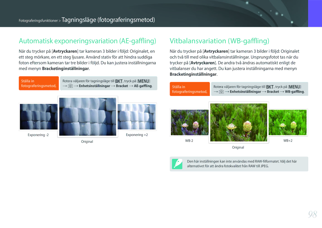 Samsung EV-NX30ZZBGBDK, EV-NX30ZZBGBSE manual Vitbalansvariation WB-gaffling, Automatisk exponeringsvariation AE-gaffling 