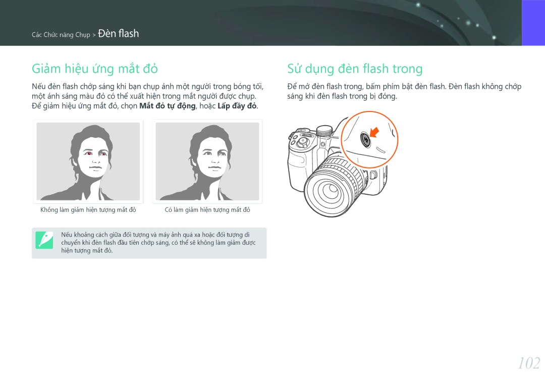 Samsung EV-NX30ZZBGBVN manual 102, Giảm hiệu ứng mắt đỏSử dụng đèn flash trong 