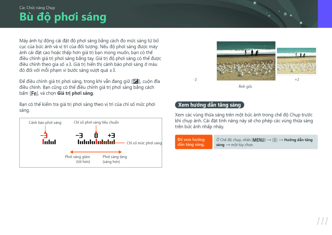 Samsung EV-NX30ZZBGBVN manual Bù độ phơi sáng, 111, Xem hướng dẫn tăng sáng 