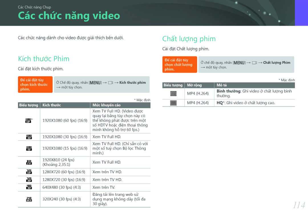 Samsung EV-NX30ZZBGBVN manual Các chức năng video, 114, Chất lượng phim, Kích thước Phim 