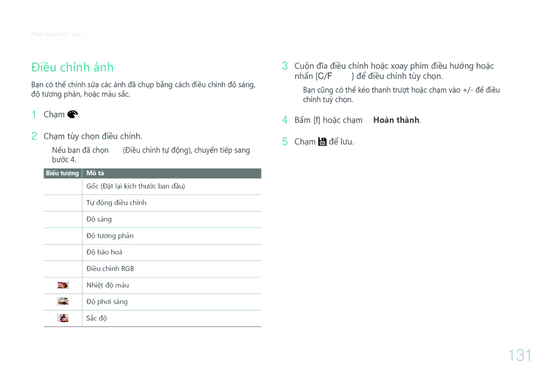 Samsung EV-NX30ZZBGBVN manual 131, Điều chinh ảnh, Chạm Chạm tùy chọn điề̀u chỉnh, Bấm f hoặc chạm Hoàn thành Chạm để lưu 