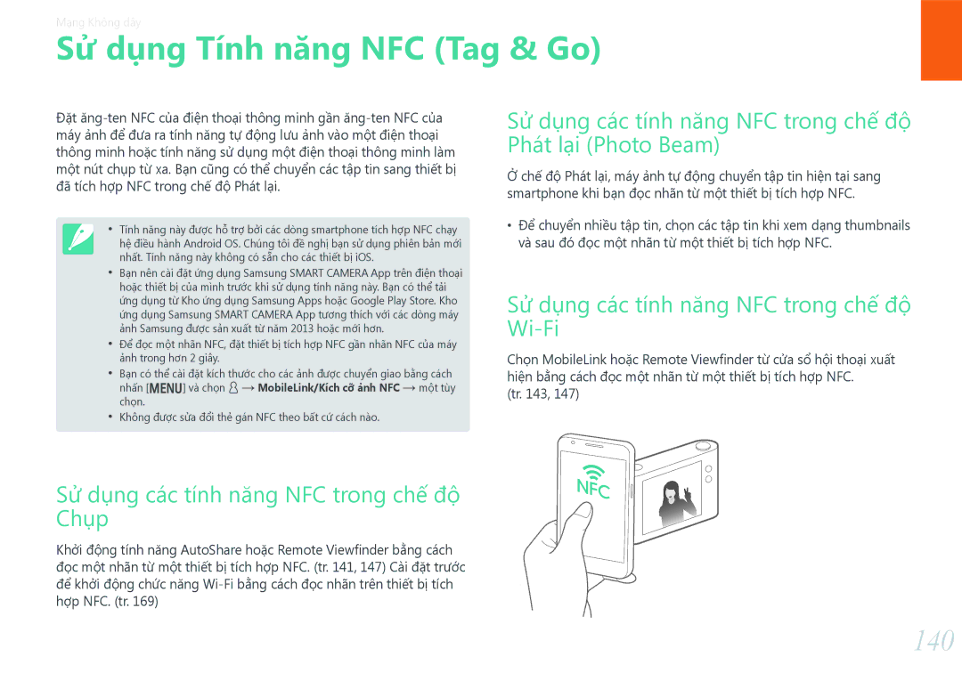 Samsung EV-NX30ZZBGBVN manual Sử dụng Tính năng NFC Tag & Go, 140, Phát lại Photo Beam 