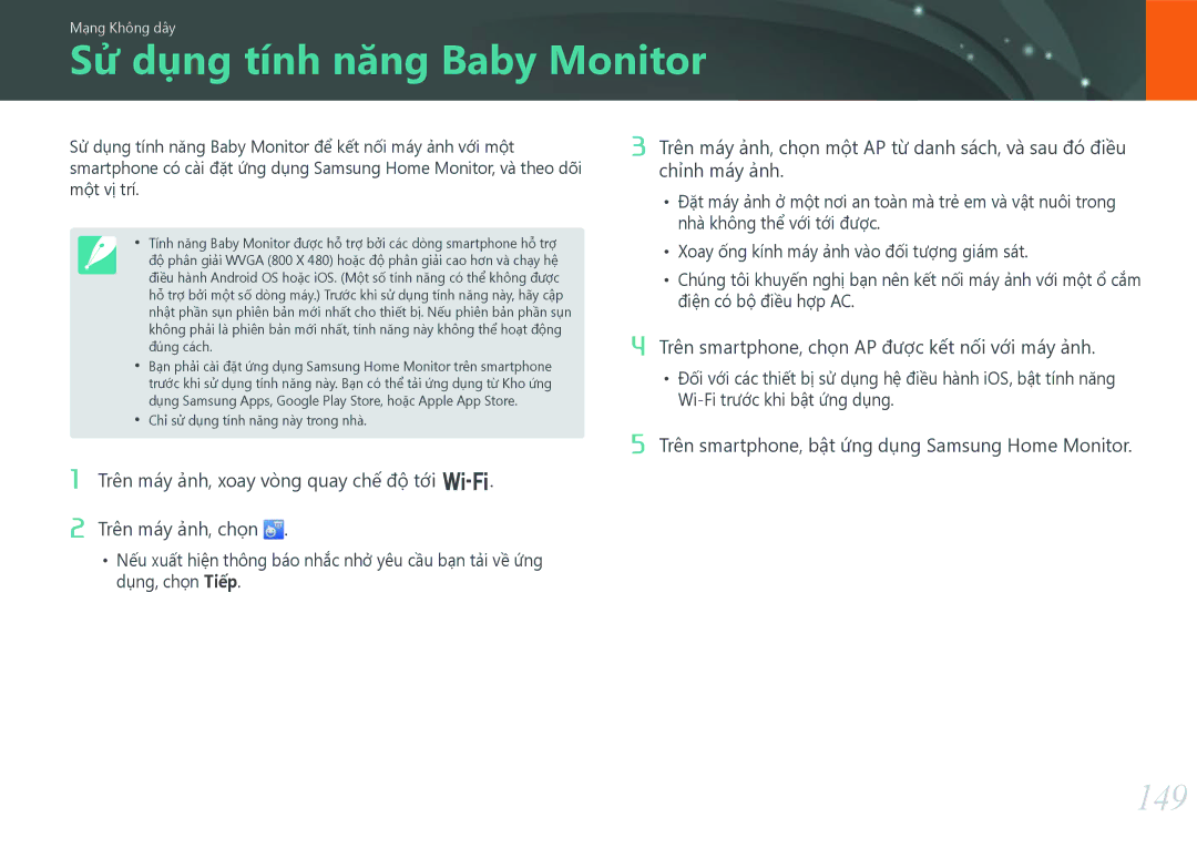 Samsung EV-NX30ZZBGBVN manual Sử dụng tính năng Baby Monitor, 149, Chỉnh máy ảnh 