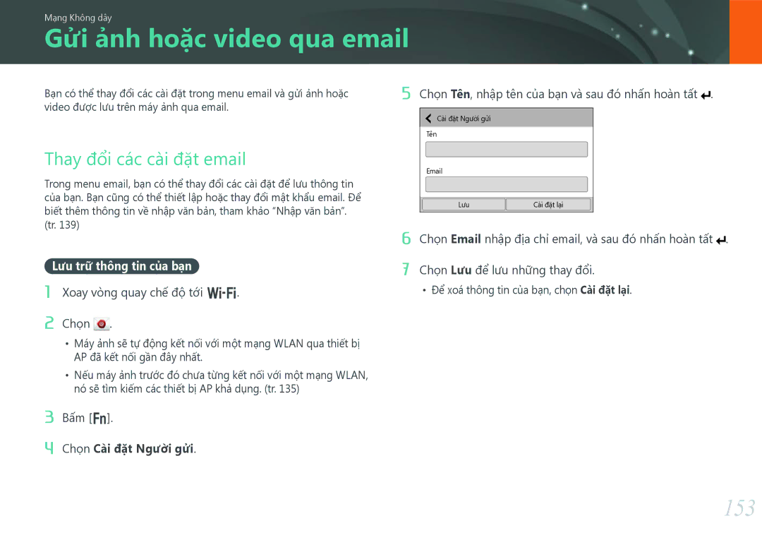 Samsung EV-NX30ZZBGBVN manual Gửi ảnh hoặc video qua email, 153, Thay đổi các cài đặt email, Lưu trữ thông tin của bạn 