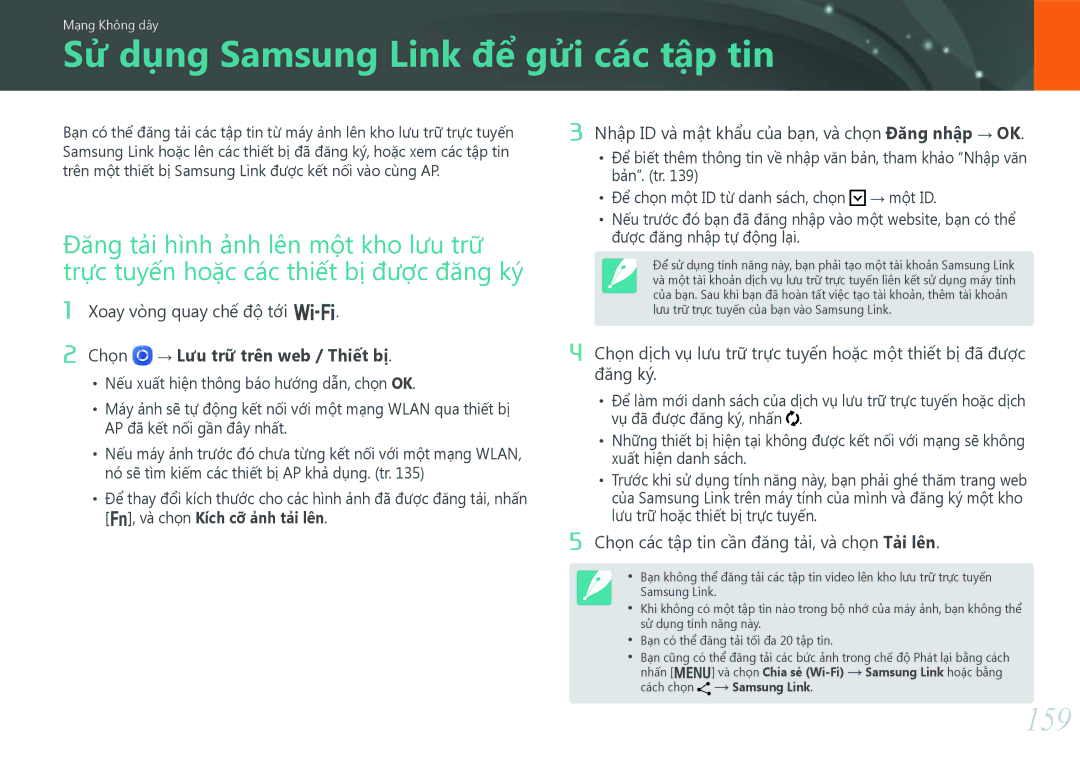 Samsung EV-NX30ZZBGBVN manual Sử dụng Samsung Link để gửi các tập tin, 159, Đăng tải hình ảnh lên một kho lưu trữ 