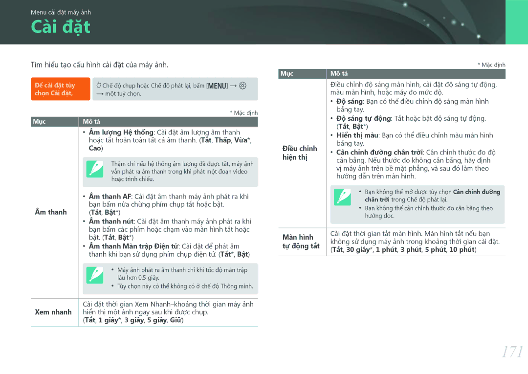 Samsung EV-NX30ZZBGBVN manual Cài đặt, 171, Tìm hiểu tạo cấu hình cài đặt của máy ảnh 