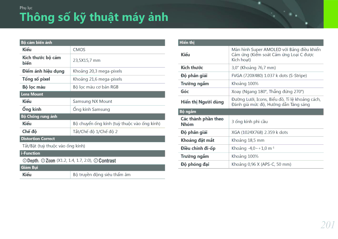 Samsung EV-NX30ZZBGBVN manual Thông số kỹ thuật máy ảnh, 201 