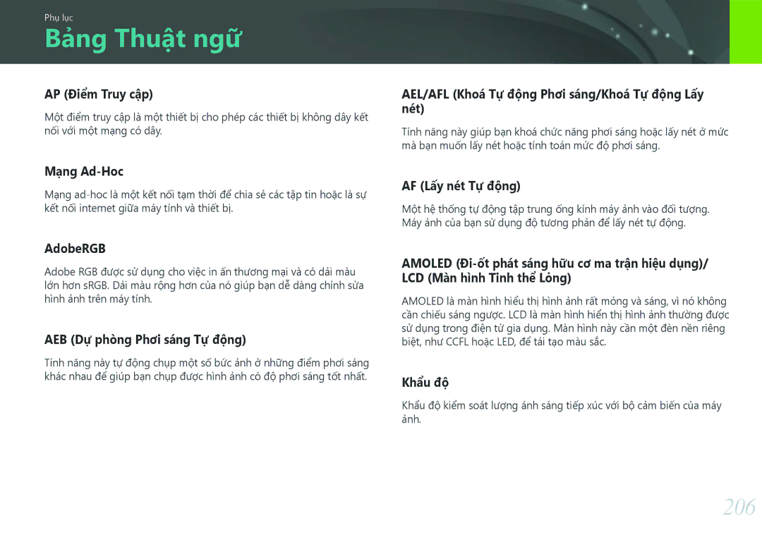 Samsung EV-NX30ZZBGBVN manual Bảng Thuật ngữ, 206 