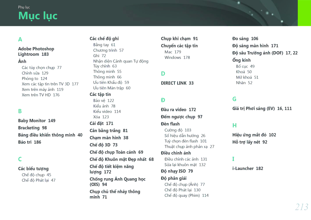 Samsung EV-NX30ZZBGBVN manual Mục lục, 213, Adobe Photoshop Lightroom 