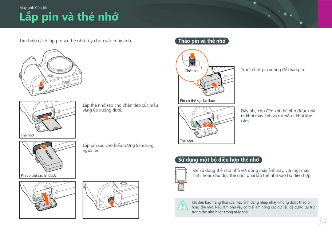 Samsung EV-NX30ZZBGBVN manual Lắp pin và thẻ nhớ, Tháo pin và thẻ nhớ, Sử dụng một bộ điều hợp thẻ nhớ 