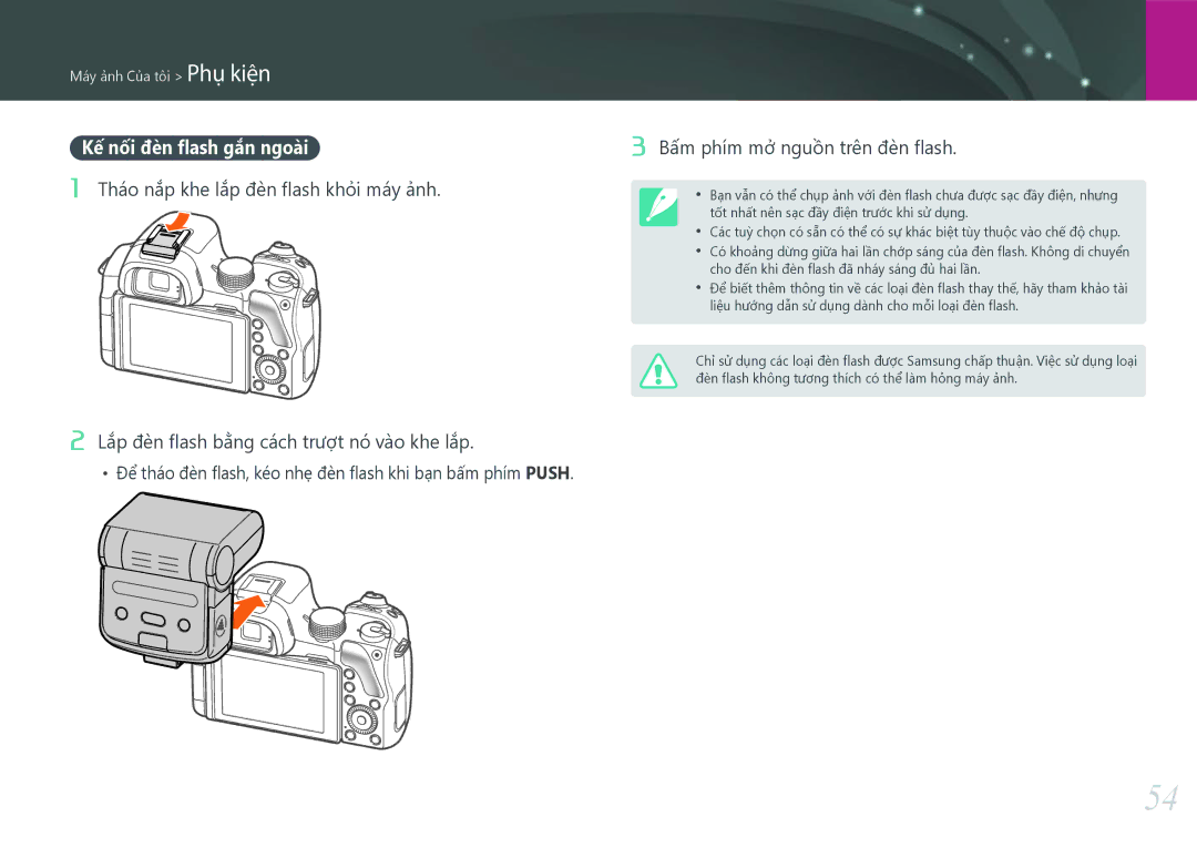 Samsung EV-NX30ZZBGBVN manual Kế nối đèn flash gắn ngoài, Bấm phím mở nguồn trên đèn flash 