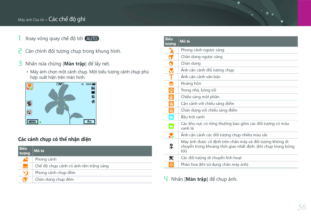 Samsung EV-NX30ZZBGBVN manual Các cảnh chụp có thể nhận diện, Nhấn Màn trập để chụp ảnh 