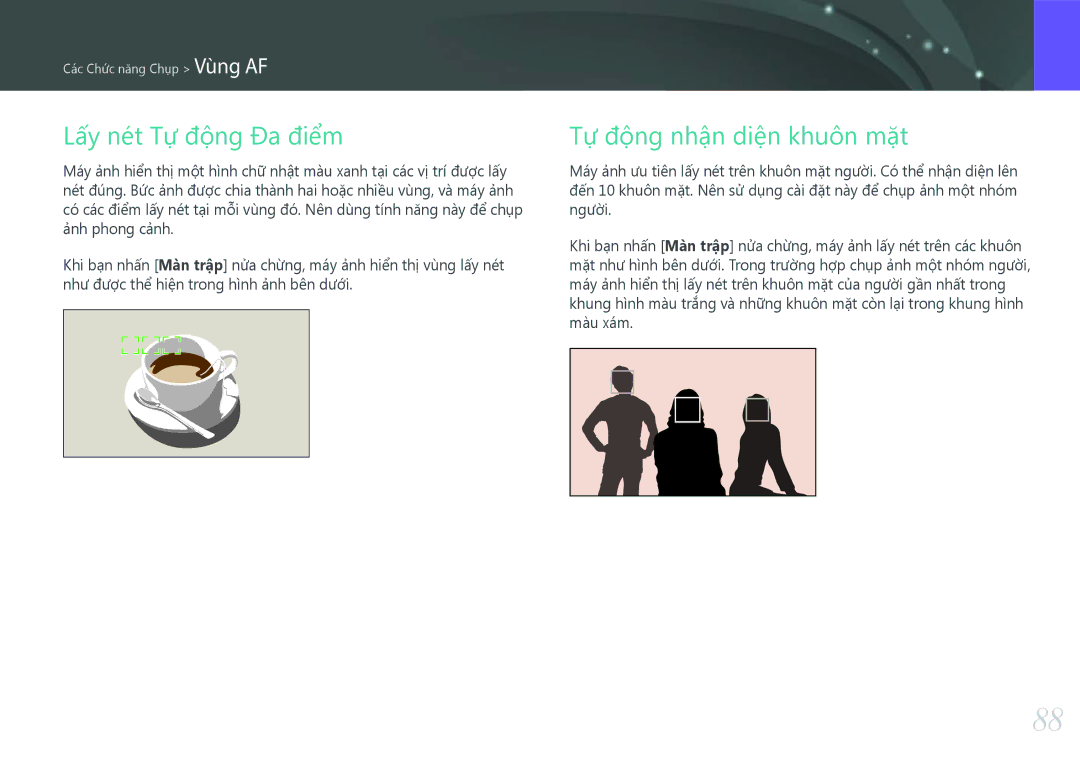 Samsung EV-NX30ZZBGBVN manual Lấy nét Tự động Đa điểmTự động nhận diện khuôn mặt 