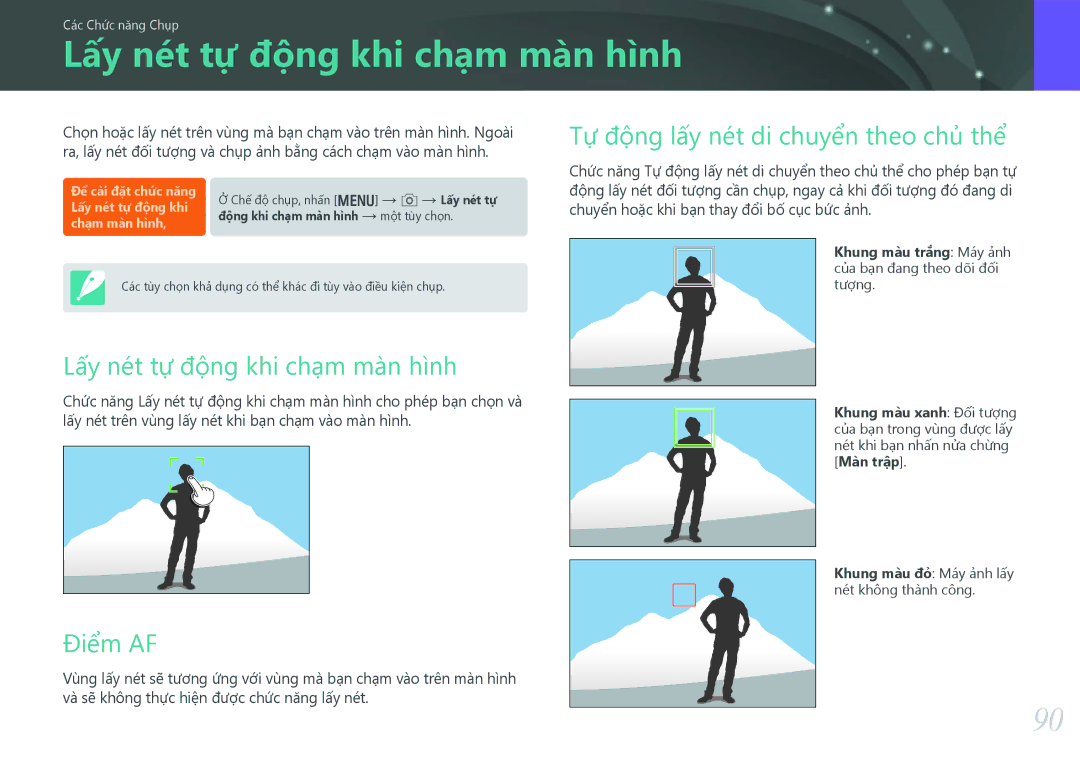 Samsung EV-NX30ZZBGBVN manual Lấy nét tự động khi chạm màn hình, Lấy nét tự động khi chạm màn hình, Điểm AF 