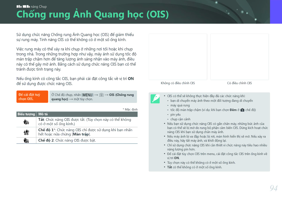 Samsung EV-NX30ZZBGBVN manual Chống rung Ảnh Quang học OIS, Chế độ 2 Chức năng OIS được bật 