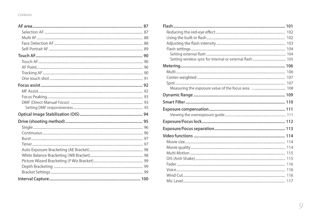 Samsung EV-NX30ZZBGBDZ, EV-NX30ZZBZBDE, EV-NX30ZZBZBTR, EV-NX30ZZBGBDE manual 100, 101, 106, 109, 110, 111, 112, 113, 114 