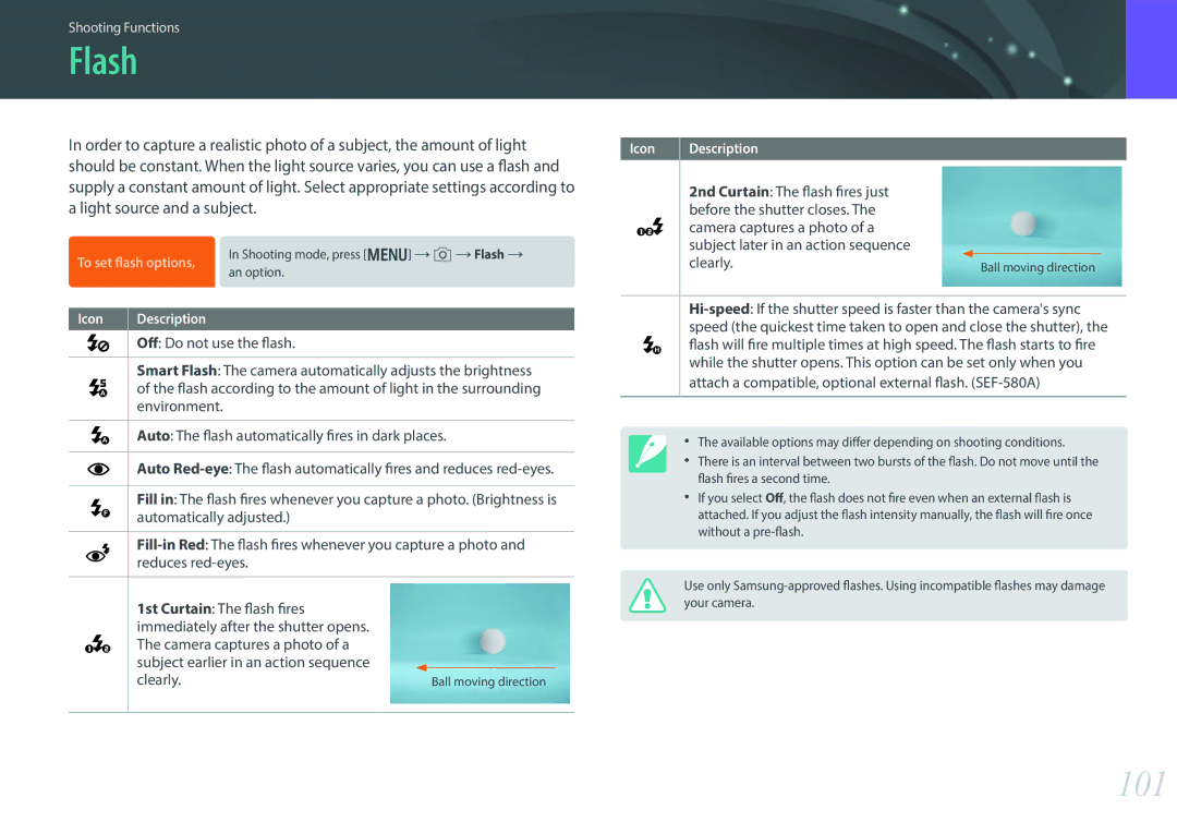 Samsung EV-NX30ZZGGBZA, EV-NX30ZZBZBDE manual Flash, 101, Clearly, Attach a compatible, optional external flash. SEF-580A 
