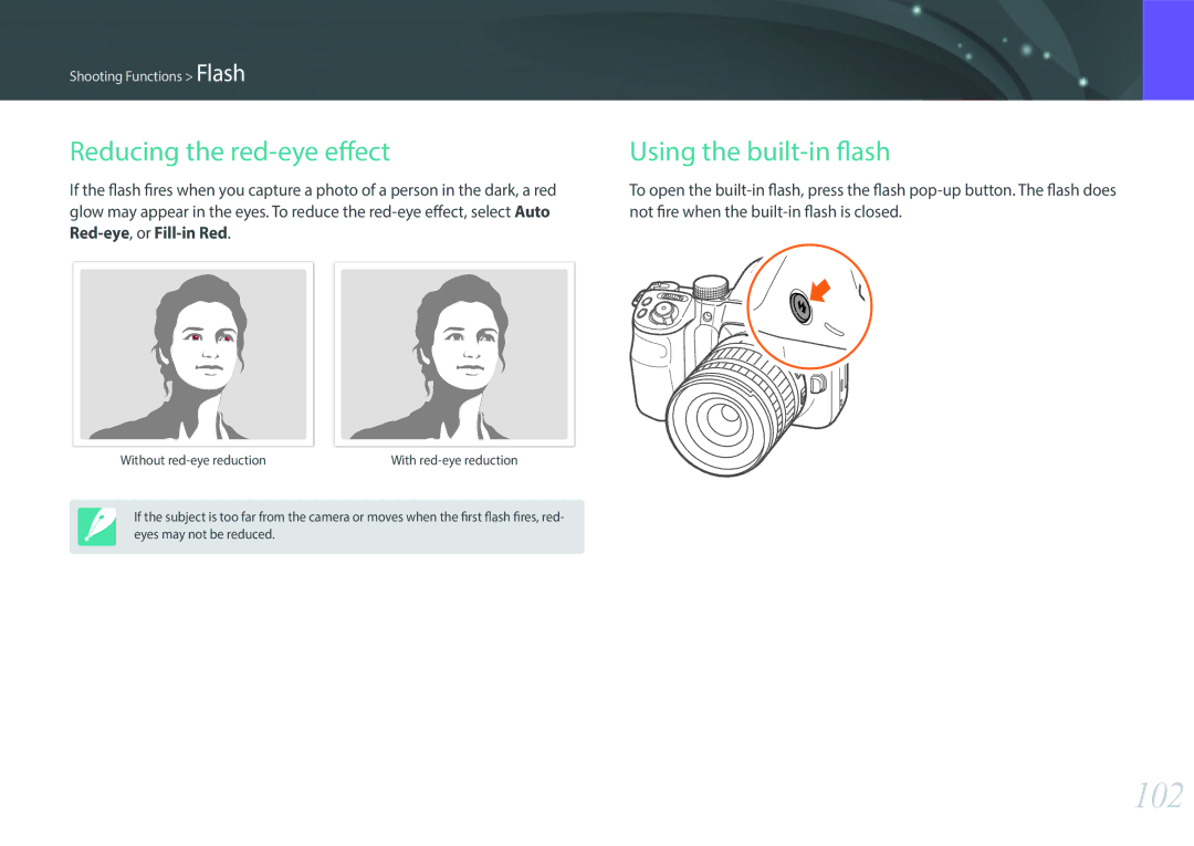 Samsung EV-NX30ZZBGBSA, EV-NX30ZZBZBDE, EV-NX30ZZBZBTR manual 102, Reducing the red-eye effect Using the built-in flash 