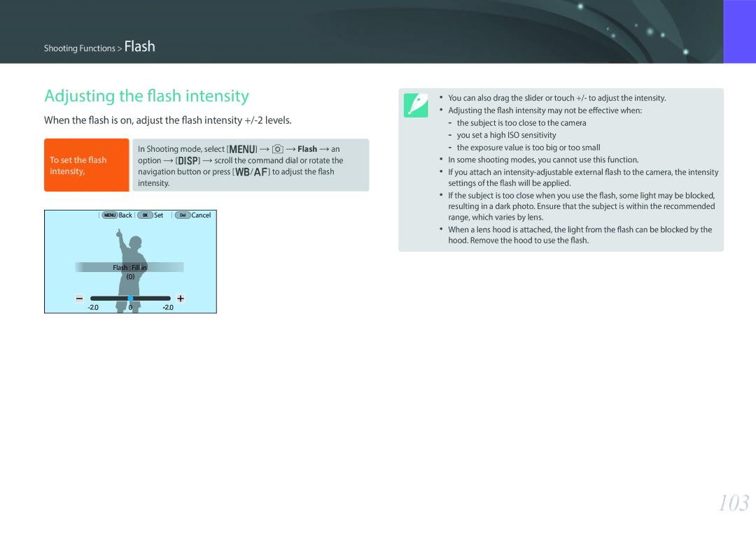 Samsung EV-NX30ZZBGBVN, EV-NX30ZZBZBDE, EV-NX30ZZBZBTR, EV-NX30ZZBGBDE, EV-NX30ZZBGBHU 103, Adjusting the flash intensity 