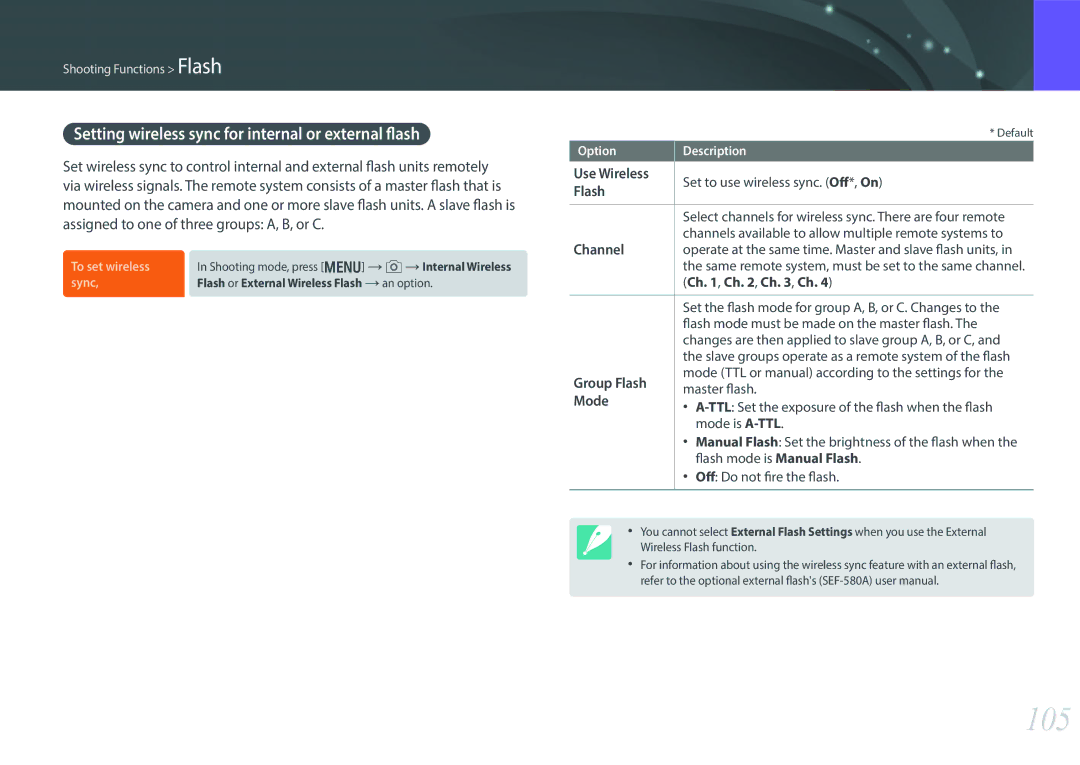 Samsung EV-NX30ZZBGBRS, EV-NX30ZZBZBDE, EV-NX30ZZBZBTR manual 105, Setting wireless sync for internal or external flash 