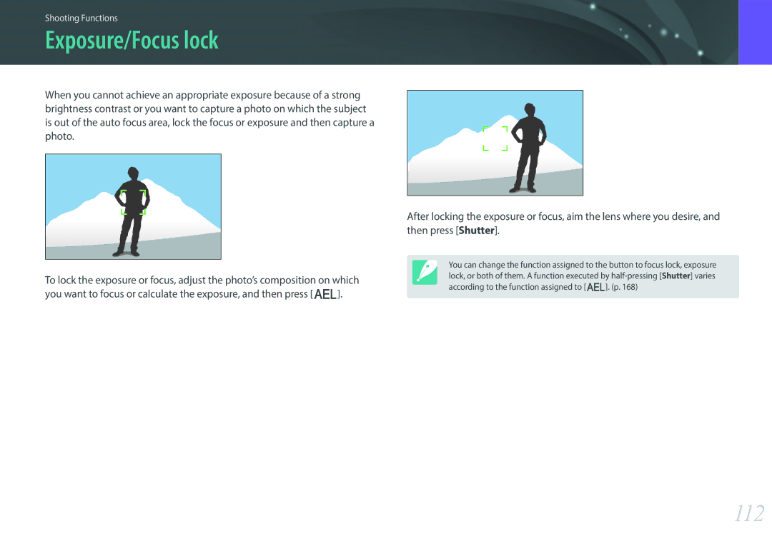Samsung EV-NX30ZZBGBGR, EV-NX30ZZBZBDE, EV-NX30ZZBZBTR, EV-NX30ZZBGBDE, EV-NX30ZZBGBHU manual Exposure/Focus lock, 112 