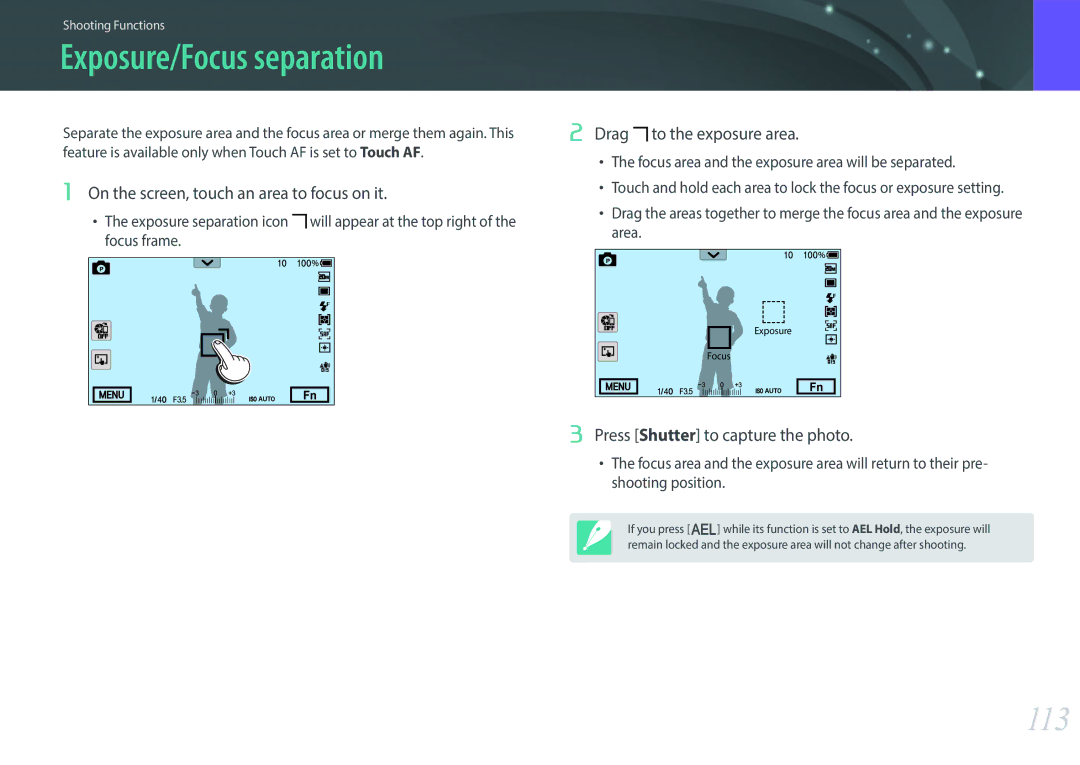 Samsung EV-NX30ZZBGBKZ, EV-NX30ZZBZBDE manual Exposure/Focus separation, 113, On the screen, touch an area to focus on it 