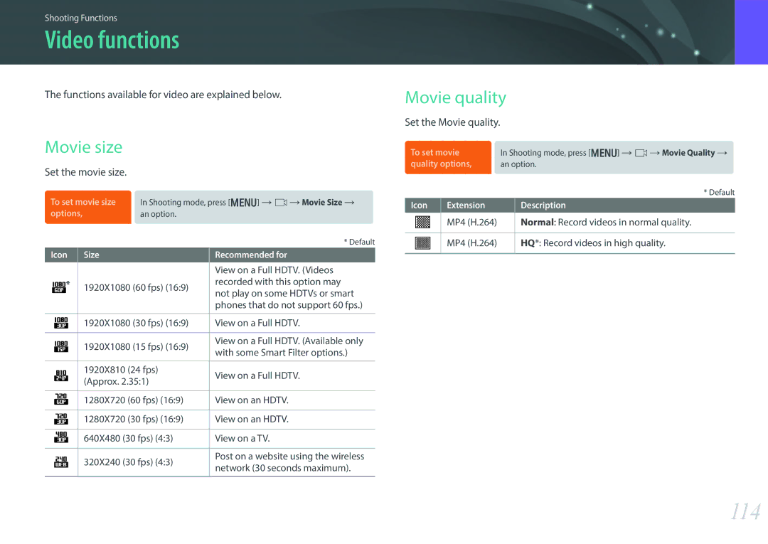 Samsung EV-NX30ZZBGBIL, EV-NX30ZZBZBDE, EV-NX30ZZBZBTR, EV-NX30ZZBGBDE manual Video functions, 114, Movie size, Movie quality 