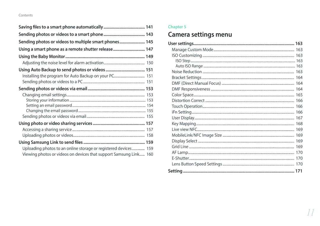 Samsung EV-NX30ZZBGBRU, EV-NX30ZZBZBDE, EV-NX30ZZBZBTR, EV-NX30ZZBGBDE manual 143, 145, 147, 149, 151, 153, 157, 163, 171 