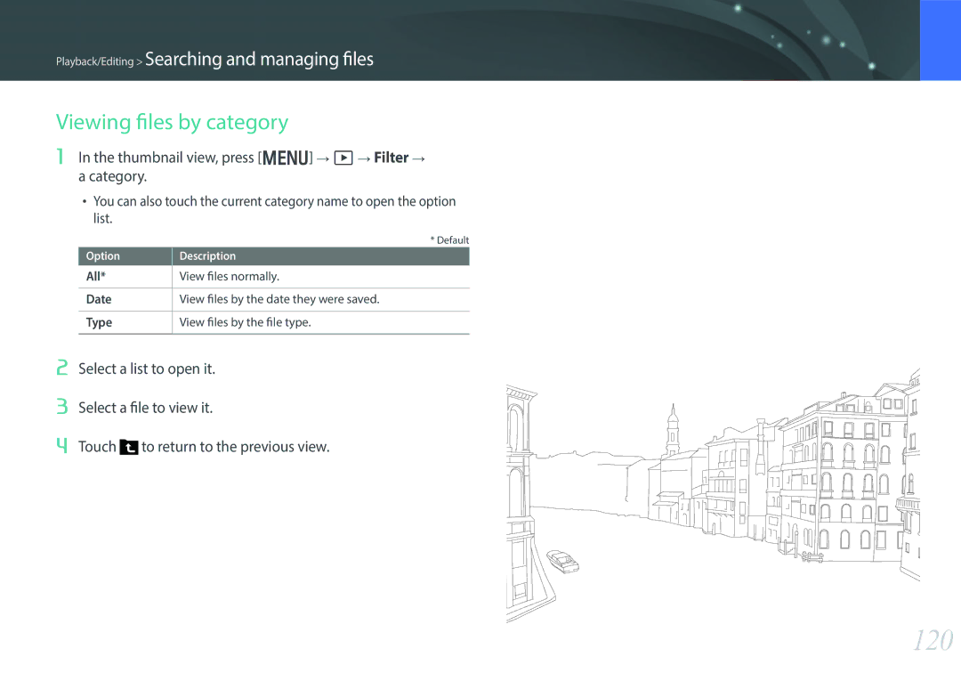 Samsung EV-NX30ZZBGBFR manual 120, Viewing files by category, Thumbnail view, press m z Filter  Category, All Date Type 