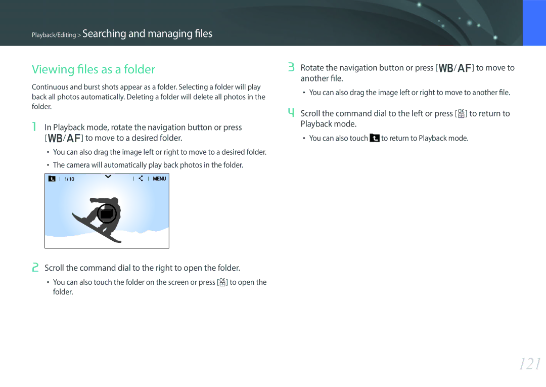 Samsung NX30PRT002/SEF manual 121, Viewing files as a folder, Scroll the command dial to the right to open the folder 