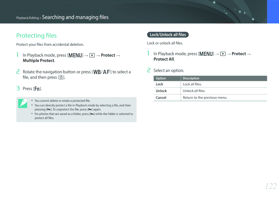 Samsung NX30PRD002/SEF, EV-NX30ZZBZBDE manual 122, Protecting files, Playback mode, press m z Protect, Lock/Unlock all files 