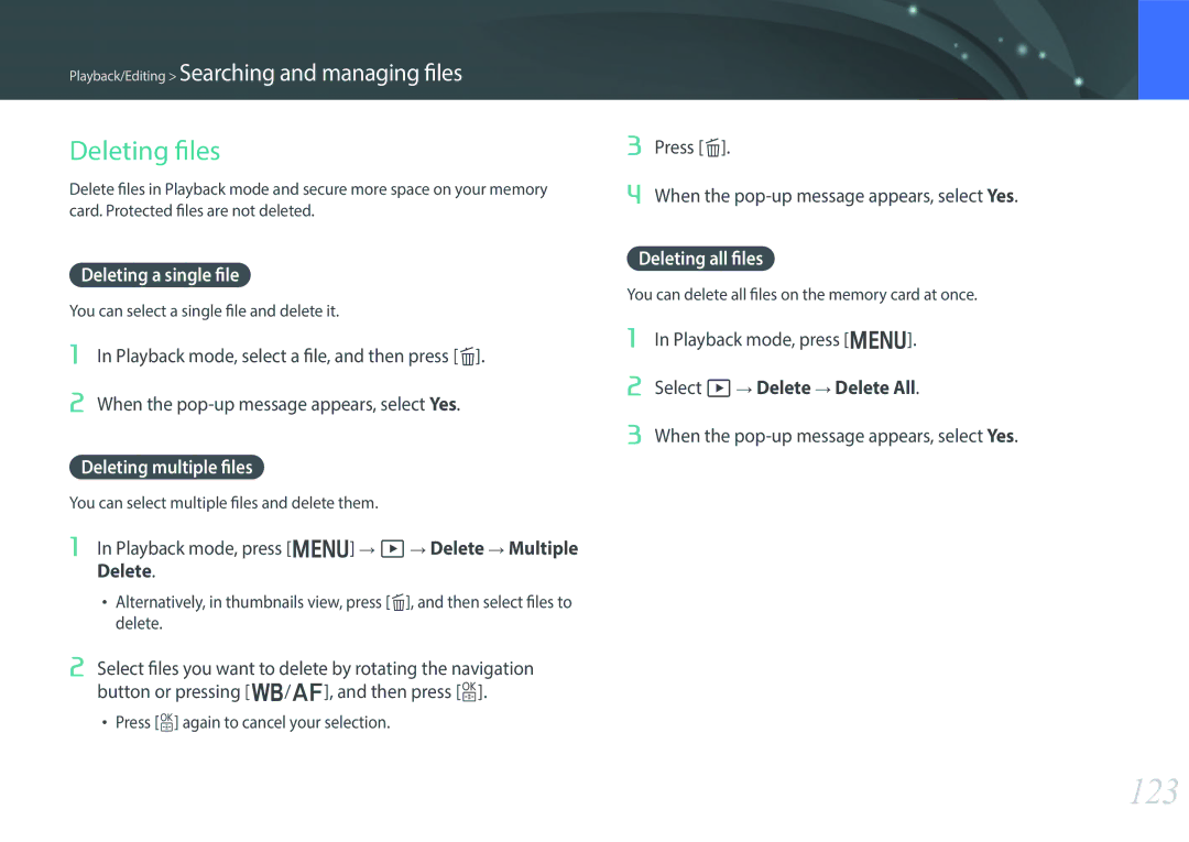 Samsung EV-NX30ZZBGBIT manual 123, Deleting files, Deleting a single file, Deleting multiple files, Deleting all files 