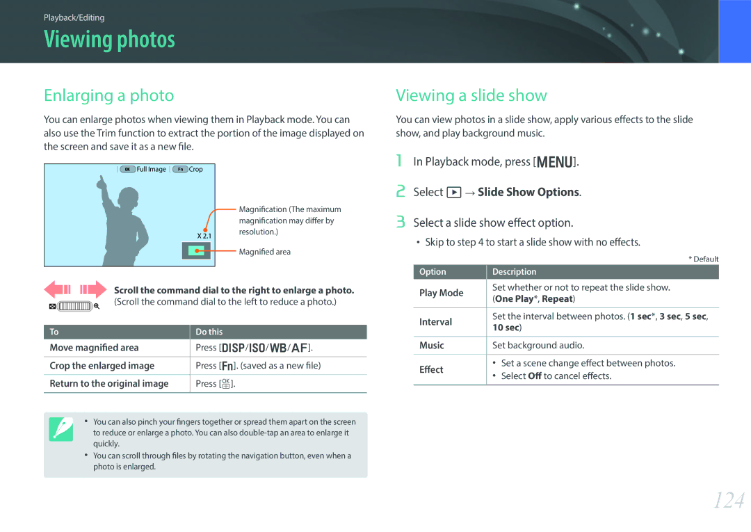Samsung EV-NX30ZZBGBES Viewing photos, 124, Enlarging a photo, Viewing a slide show, Select a slide show effect option 