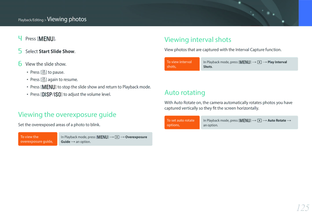 Samsung EV-NX30ZZBGBDZ 125, Viewing the overexposure guide, Viewing interval shots, Auto rotating, View the slide show 